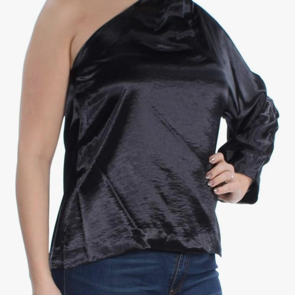 Rachel Roy one shoulder black satin blouse size L